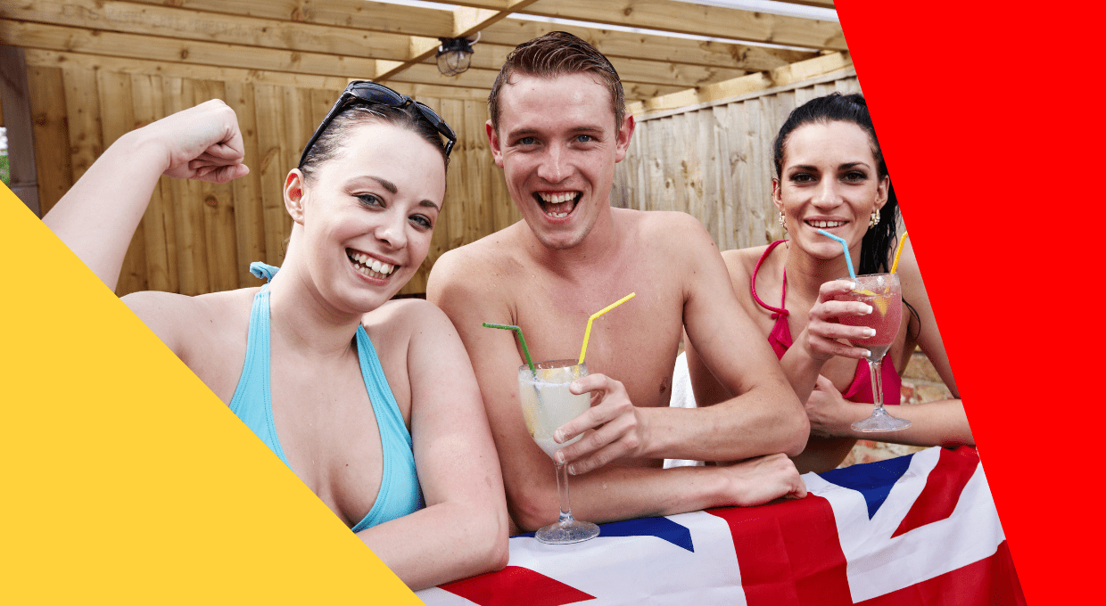 Three happy british tourists enjoying drinks by the pool in Benidorm