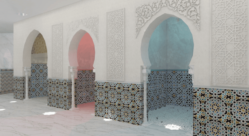 Arab-inspired spa area at Villa España Hotel in Benidorm, featuring intricately designed tiles and arches.