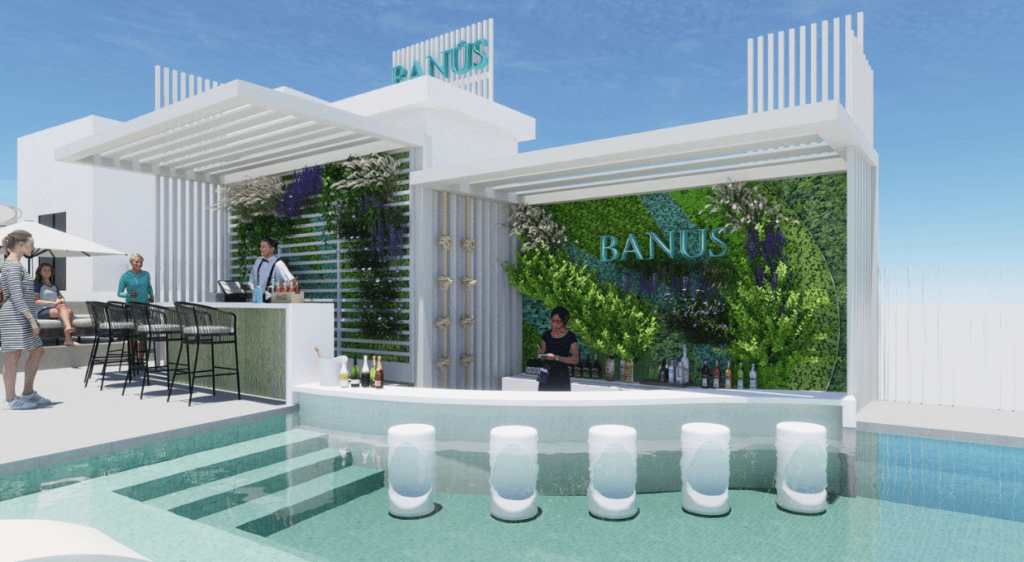 Poolside bar named 'Banus' at Villa España Hotel, with modern decor and seating area submerged in water.